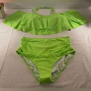 2 Piece Bikini High Waisted Off the Shoulder Green Plus Size XXL (18)